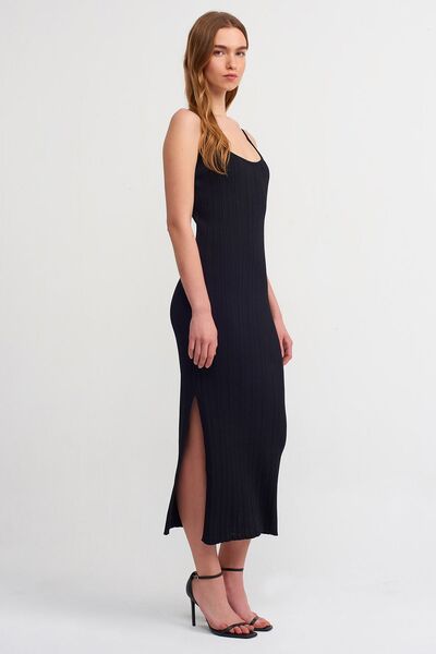 Dilvin 90139 Yırtmaçlı Askılı Triko Elbise-Siyah
