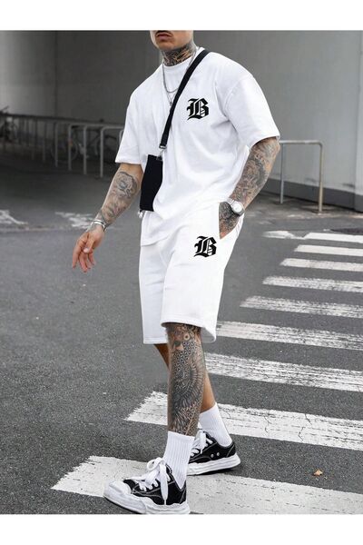 SeusCraft Σορτς μπλουζάκι με λογότυπο B - Σορτς με λευκό κάτω μέρος, μπλουζάκ...