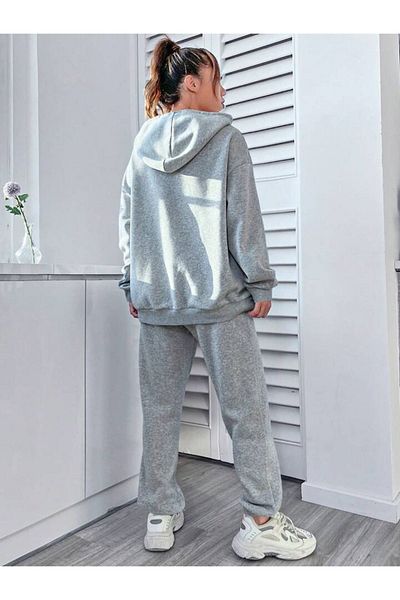 modaberry Smile Combination Bottom Top Σετ Φούτερ - Γκρι εμπριμέ Oversize Λαστιχένια κουκούλα στα πόδια