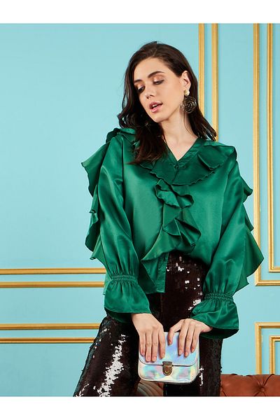 Sassafras By Styli Frill Detail Satin Top with Long Sleeves