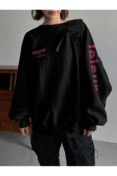 modaberry Retro Vintage Sweatshirt - Black Printed Oversize Thick Crew Neck