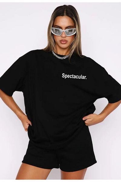 modaberry Φανταστικά. T-shirt και σορτς - Μαύρο σορτς T-shirt στο κάτω μέρος Σετ φόρμας Oversize Crew Neck