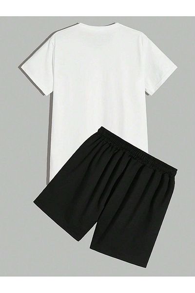 SeusCraft Colorful X Heart Face T-Shirt Shorts - White Black Bottom Top Set Shorts T-Shirt Combo Printed Crew Neck
