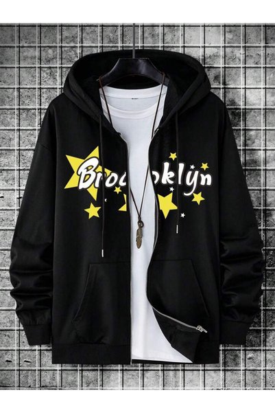 modaberry Brooklyn Star Dukserica sa Zatvaračem - Crna Štampano Oversize kroj...