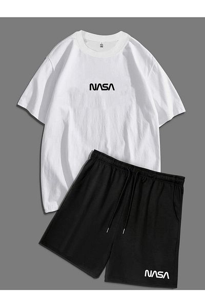 modaberry Tricou și pantaloni scurți Nasa - Pantaloni scurți alb negri Tricou Partea de jos Partea de sus Set de trening Oversize Crew Deck