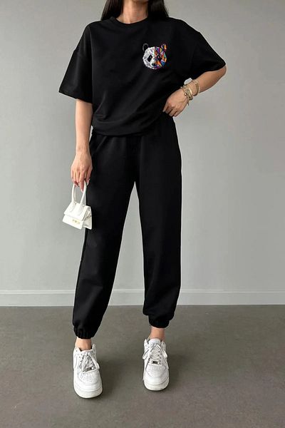 modaberry Panda Logo T-shirt Sweatpants Jogger - Σετ φόρμας με μαύρη στάμπα Oversize Crew Neck