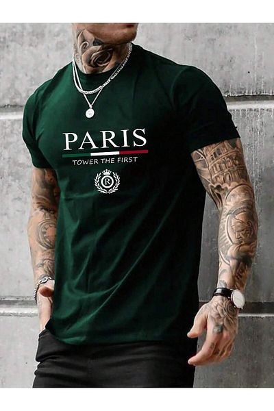 modaberry Tricou Paris First - Cu mânecă scurtă oversize cu decolteu rotund cu imprimeu verde