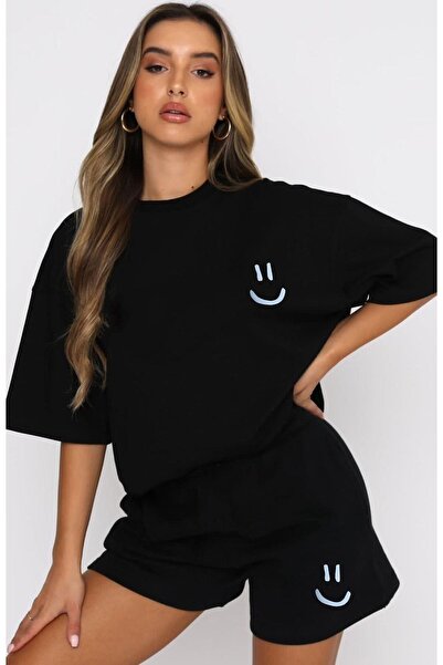 modaberry Smile Face T-shirt και σορτς - Μαύρο σορτς T-shirt στο κάτω μέρος Σετ φόρμας Oversize Crew Neck