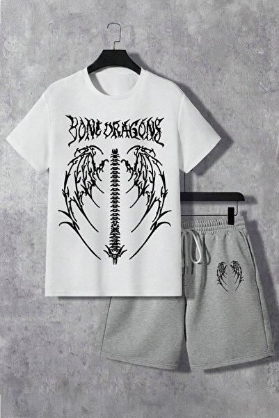 modaberry Pantaloni scurți de tricou Bone Dragons - Pantaloni scurți alb gri ...