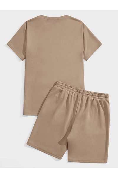 SeusCraft Los Angeles Lettering T-Shirt Shorts - Beige Bottom Top Team Shorts T-Shirt Combo Printed Crew Neck