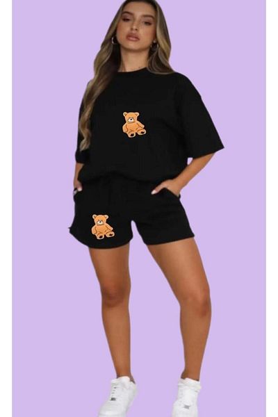 modaberry Teddy Bear T-shirt και σορτς - Μαύρο σορτς T-shirt στο κάτω μέρος Σετ φόρμας Oversize Crew Neck