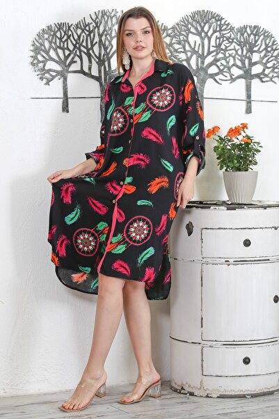 Chiccy Siyah Gömlek Yaka Uzun Kol Düğmeli Gizli Cepli Allover Baskılı Dokuma Casual Elbise