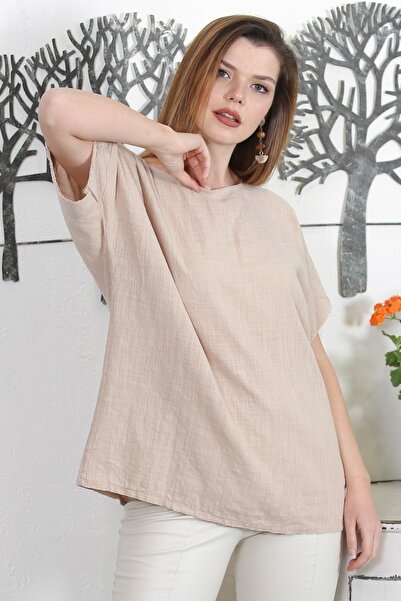 Chiccy İtalyan Camel Havuz Yaka Düşük Kol Yıkamalı Dokuma Casual Bluz