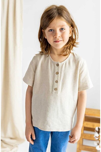 Oliven The Kid Bež Lan Polu-zakopčana okrugla kragna Košulja za dečake sa kra...