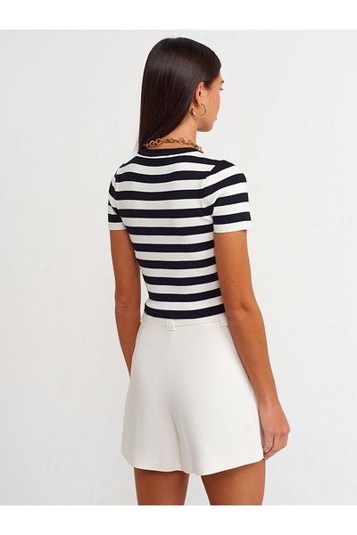 Dilvin 10398 Pulover crop cu mânecă scurtă în dungi-negru-ecru
