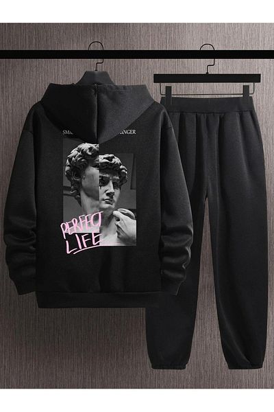 modaberry Σετ φόρμας Perfect Life Cardigan Combination Bottom Top - Μαύρη στάμπα Oversize Λαστιχένια κουκούλα