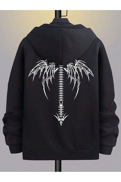 modaberry Ζακέτα με φερμουάρ Bone Wings - Μαύρη στάμπα Oversize Χειμερινή κουκούλα με τσέπες