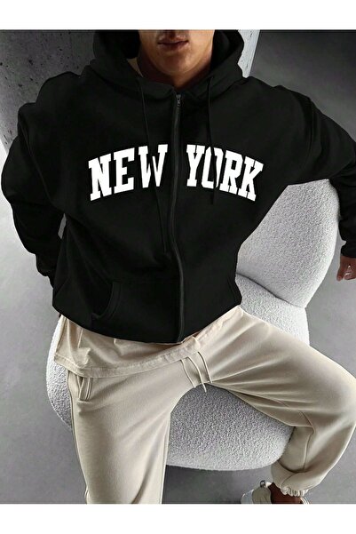 modaberry New York Sweatshirt Fermuarlı Hırka - Siyah Baskılı Oversize Cepli ...