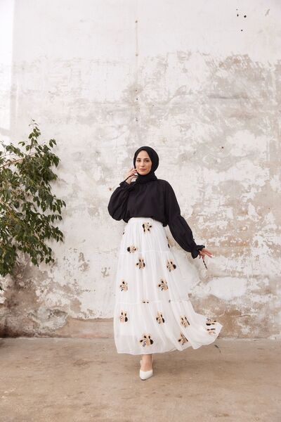 She Olive Φούστα από σιφόν με κέντημα χιτζάμπ - μαύρη