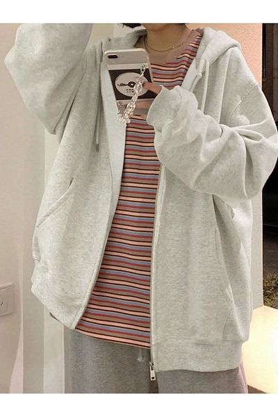 modaberry Collection Sweatshirt Zippered Cardigan - Gray Printed Oversize Pocket Winter Hoodie