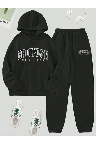modaberry Σετ φόρμας Brooklyn New York Combination - Μαύρη στάμπα Oversize Λαστιχένια λαιμόκοψη