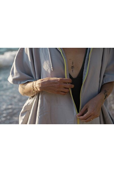 Seamate Unisex Neon Sarı Fermuarlı Çantalı Ince Havlu Panço Surf Panço, Giyilebilir Havlu, Taşınabilir Kabin