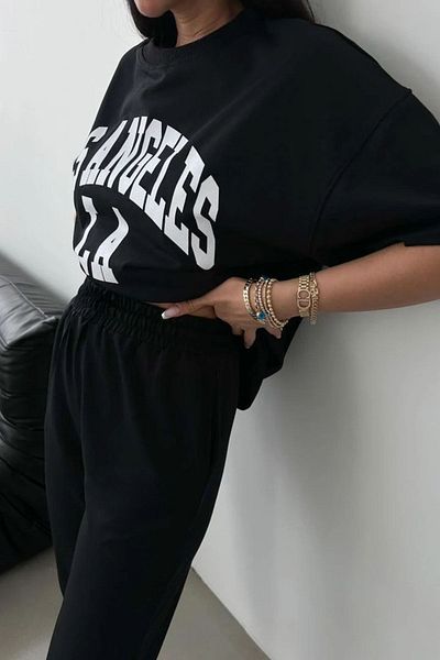 modaberry Λος Άντζελες - Μαύρη στάμπα Oversize Jogger Sweatpants Crew Neck