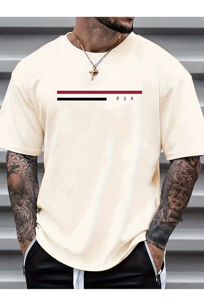 modaberry Καλοκαιρινό μπλουζάκι μπεζ Oversize - Διπλή ρίγα, κοντό μανίκι, λαιμόκοψη
