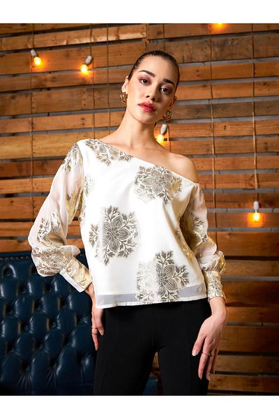 Sassafras By Styli Floral Jacquard One Shoulder Top