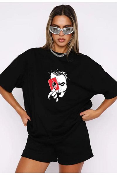 modaberry Joker T-shirt και σορτς - Μαύρο σορτς T-shirt στο κάτω μέρος Σετ φόρμας Oversize Crew Neck