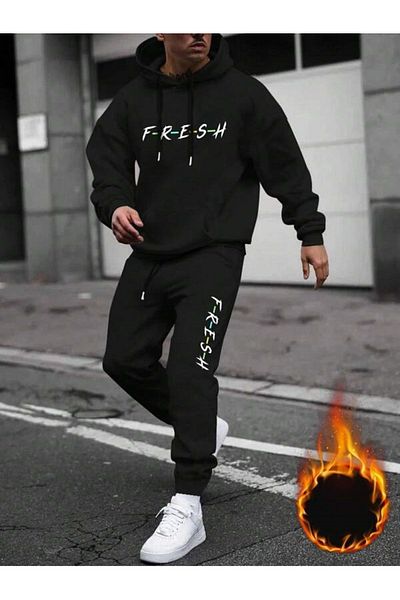modaberry Σετ φόρμας Fresh Bottom Top - Μαύρη στάμπα Oversize Λαστιχένια κουκούλα στα πόδια