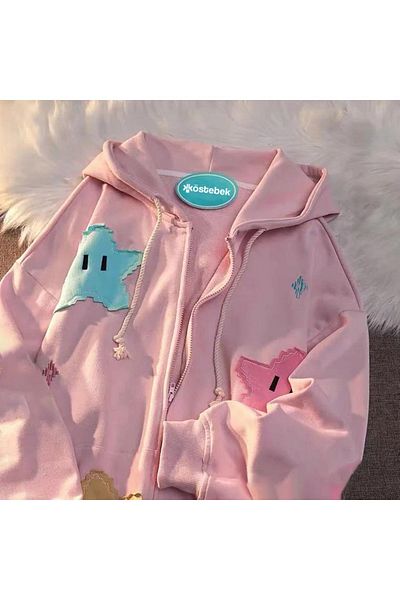 Köstebek Star Pattern - Pink Zippered Hooded Thick Fabric