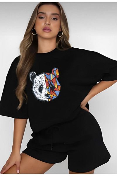 modaberry Panda T-shirt και σορτς - Μαύρο σορτς T-shirt στο κάτω μέρος Σετ φόρμας Oversize Crew Neck