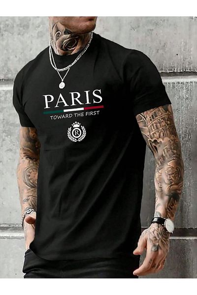 modaberry Tricou Paris First - Negru Imprimat Oversize Mânecă Scurtă Decolteu Crew