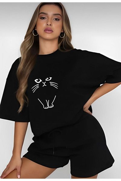 modaberry Μπλουζάκι και σορτς Cartoon Cat - Μαύρο σορτς T-shirt στο κάτω μέρος Σετ φόρμας Oversize Crew Neck