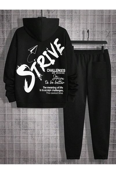 modaberry Strive Challanges Combination Bottom Top Σετ αθλητικής φόρμας - Μαύρη στάμπα Oversize Λαστιχένια κουκούλα