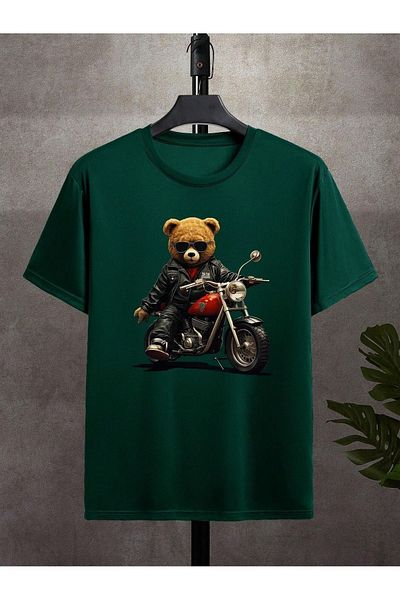 modaberry Μπλουζάκι Moto Bear - Πράσινη στάμπα με κοντό μανίκι με λαιμόκοψη
