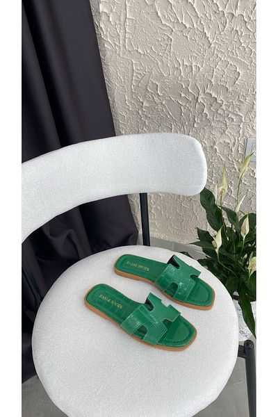 Basakshoes Green Patent Leather Hrms Women's Slippers - Suitable for Beach and Outdoor Home