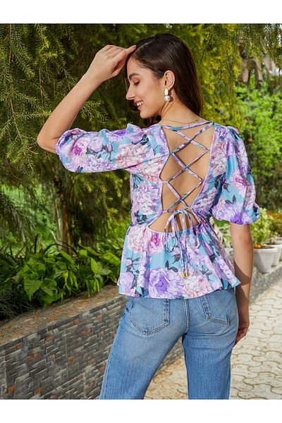 Sassafras By Styli Floral Print Back Criss Cross Tie Peplum Top