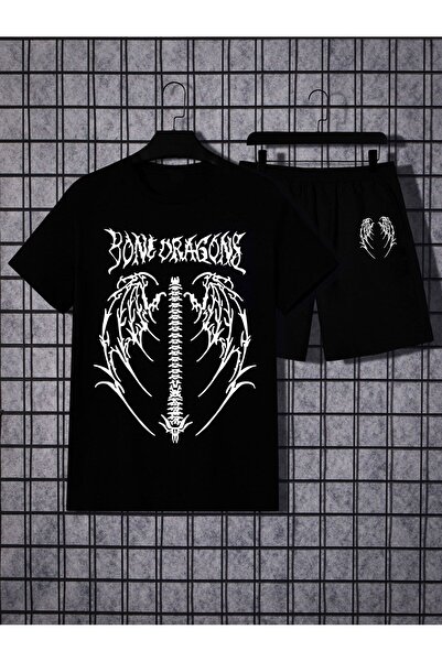 modaberry Bone Dragons T-Shirt Shorts - Black Shorts T-Shirt Top and Bottom Set Printed Crew Neck