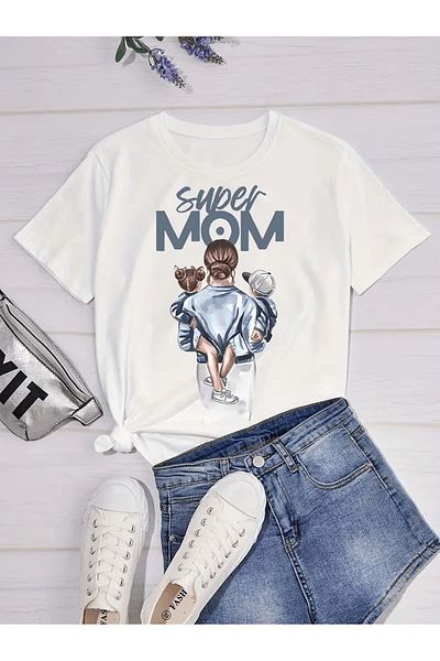 Modernica T-Shirt Super Mom - Λευκό Oversize Crew Neck κοντό μανίκι φαρδύ