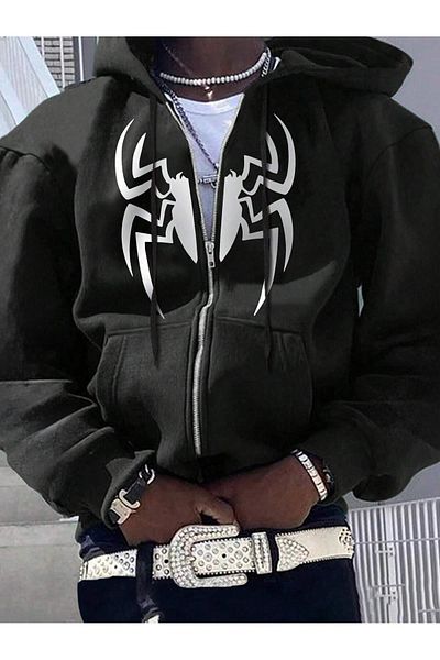 modaberry Cool Spider φούτερ Ζακέτα με φερμουάρ - Μαύρη στάμπα Oversize Χειμερινή κουκούλα με τσέπες