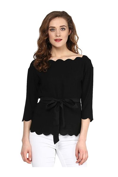 Sassafras By Styli Scallop Edge Off Shoulder Top with Self Tie Up