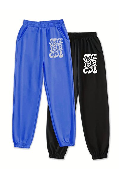 Trendglow 2 Πακέτα Φούτερ Self Love Jogger - Σαξομπλε με μαύρο στάμπα με λαστιχένιο πόδι ψηλόμεσο καλοκαιρινό