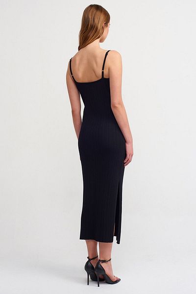 Dilvin 90139 Slit Strap Knitwear Dress-Black