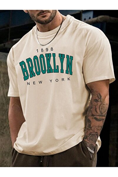 SeusCraft 1898 Brooklyn T-Shirt - Бежова печатна широка лятна тениска с къс р...