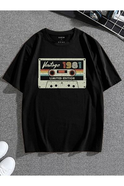 modaberry Vintage T-Shirt 1981 - Μαύρο εμπριμέ κοντό μανίκι με λαιμόκοψη