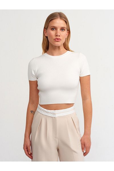 Dilvin 10357 Crew Neck Short Sleeve Crop Sweater-ecru