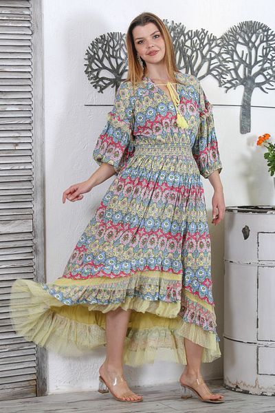 Chiccy Rochie cu design cu talie elastică, cu ciucuri, cu ciucuri, cu mâneci 3/4, guler dublu cu piept.