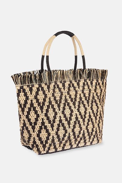 Dagi Ecru-Black Diamond Patterned Straw Beach Bag